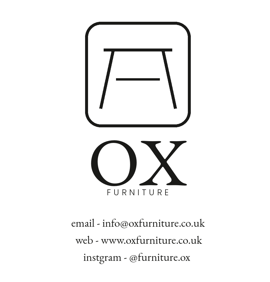 A black-and-white brand graphic for OX Furniture, featuring a simple furniture icon above the text 'OX FURNITURE' with email, web, and Instagram contact details below on a white background.