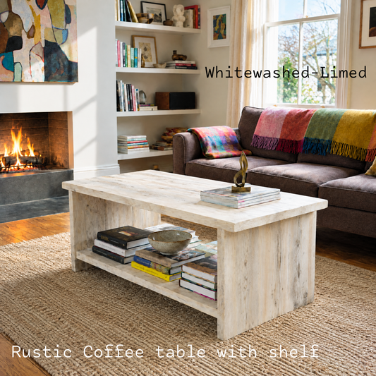 Reclaimed Wood Coffee Table — Slab Leg with Shelf — Chunky Solid Wood — Handmade UK