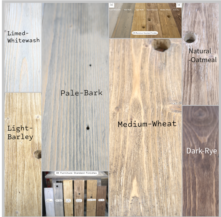 A collage of wood finish and stain swatches labeled with names such as Limed-Whitewash, Pale-Bark, Light-Barley, Medium-Wheat, Natural-Oatmeal, and Dark-Rye, plus a small inset showing sample boards and a sign reading 'Furniture Standard Finishes.' This is not a clean product photo of a single physical item and not a person/environment scene, so the best fit is Color Swatch rather than Product/Packaging.