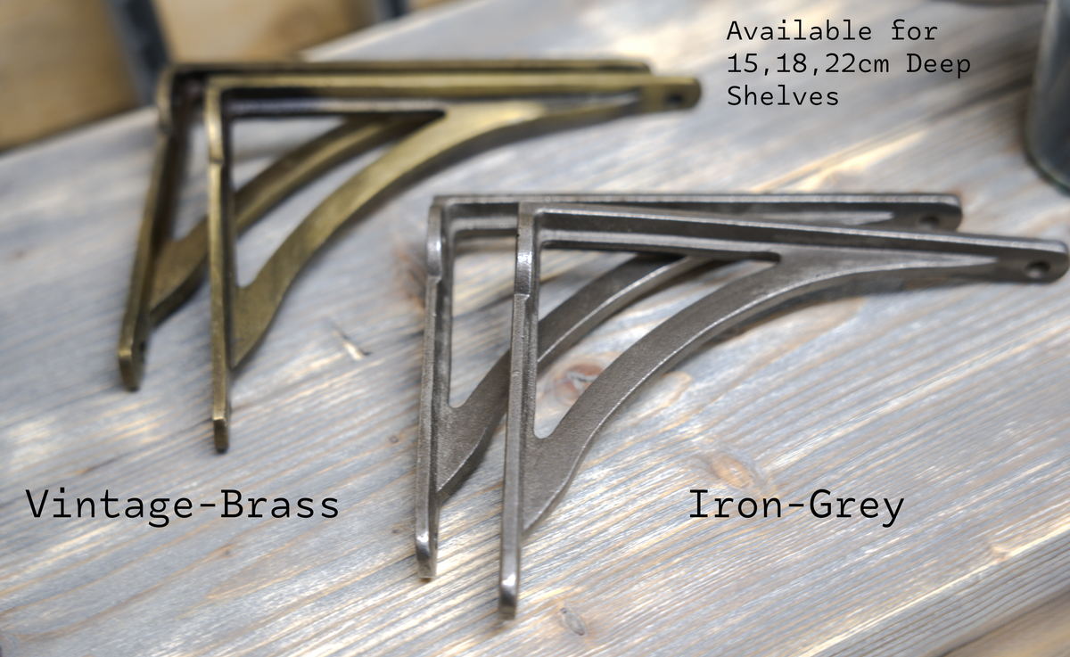 Two metal corner shelf brackets on a rustic wooden surface, labeled Vintage-Brass and Iron-Grey, with text noting availability for 15, 18, and 22cm deep shelves.