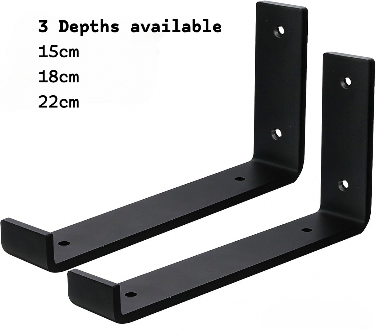 Two black metal L-bracket shelf mounts shown on a white background, with text reading '3 Depths available' and sizes 15cm, 18cm, and 22cm.
