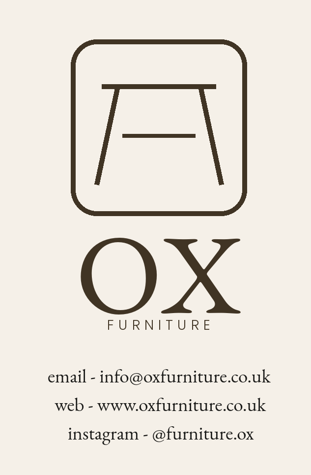 A minimalist logo card for OX Furniture on a light cream background. The dark brown logo features a rounded square with a stylized chair icon above the text 'OX FURNITURE'.