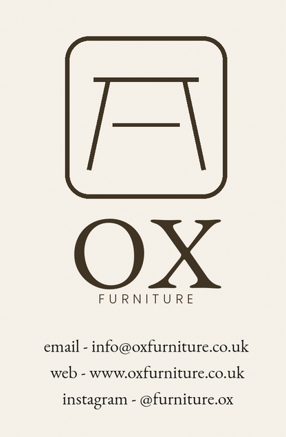 A minimalist logo card for OX Furniture on a light cream background. The dark brown logo features a rounded square with a stylized chair icon above the text 'OX FURNITURE'.