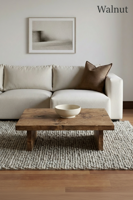 Reclaimed Wood Coffee Table — Slab Leg Low — Chunky Solid Wood — Handmade UK