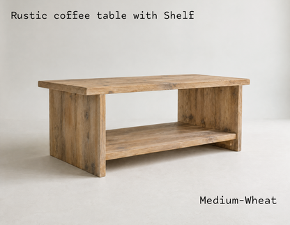 Reclaimed Wood Coffee Table — Slab Leg with Shelf — Chunky Solid Wood — Handmade UK