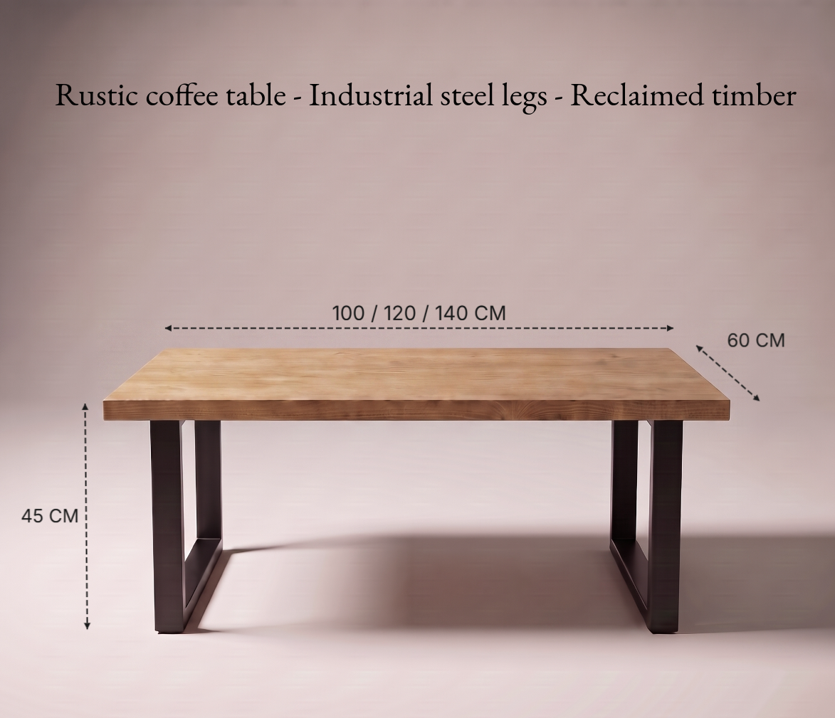 A rustic coffee table with a light wood top and dark steel legs, shown with dimension callouts: 100/120/140 cm width, 60 cm depth, and 45 cm height on a plain beige background.