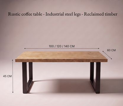 A rustic coffee table with a light wood top and dark steel legs, shown with dimension callouts: 100/120/140 cm width, 60 cm depth, and 45 cm height on a plain beige background.