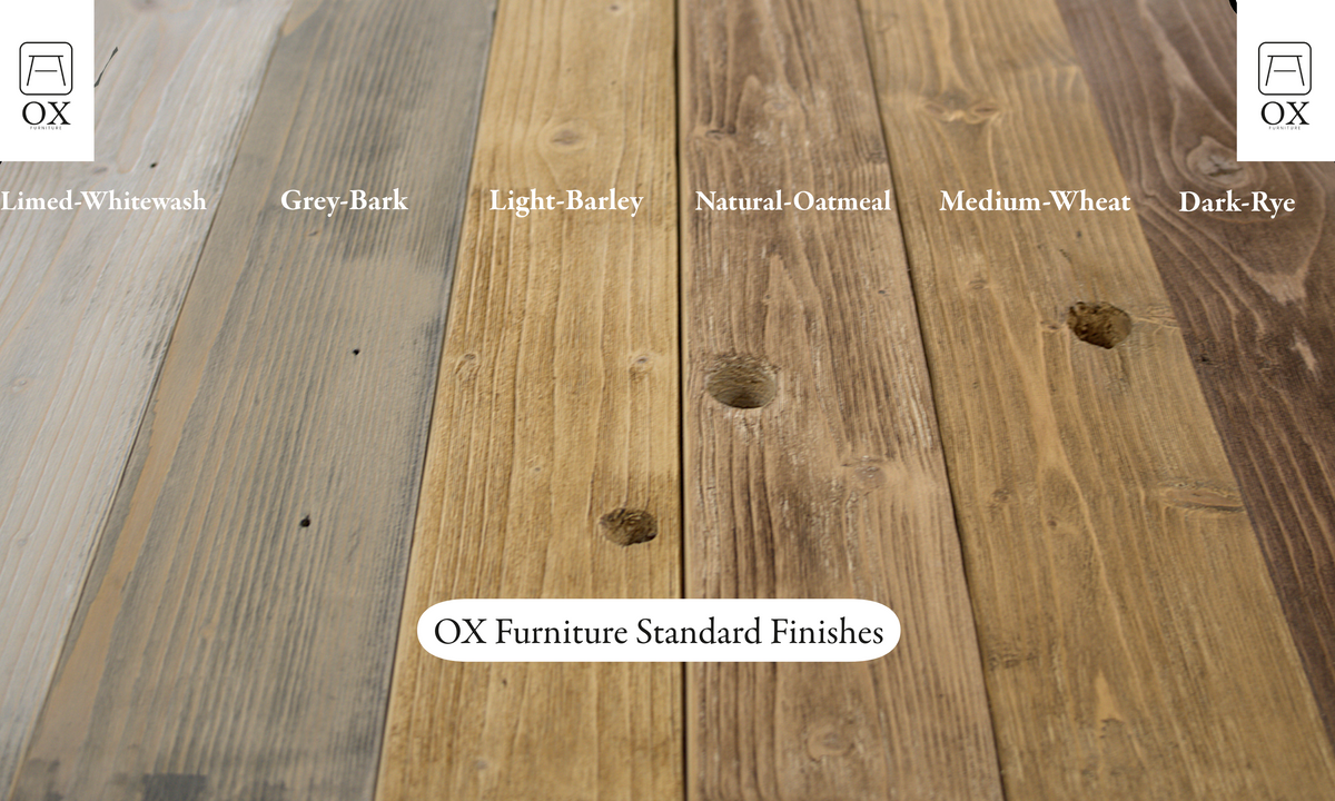 Six wood finish samples labeled Lined-Whitewash, Grey-Bark, Light-Barley, Natural-Oatmeal, Medium-Wheat, and Dark-Rye arranged side by side under the OX Furniture Standard Finishes branding.
