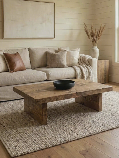 Reclaimed Wood Coffee Table — Slab Leg Low — Chunky Solid Wood — Handmade UK